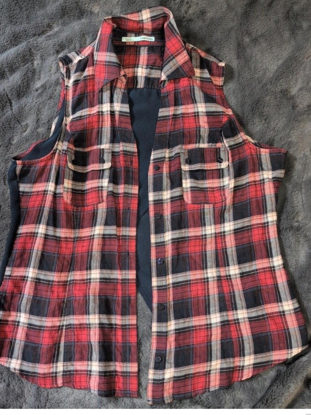 3/$15 Women's Plaid Sleeveless Button-Front Shirt With Sheer Back